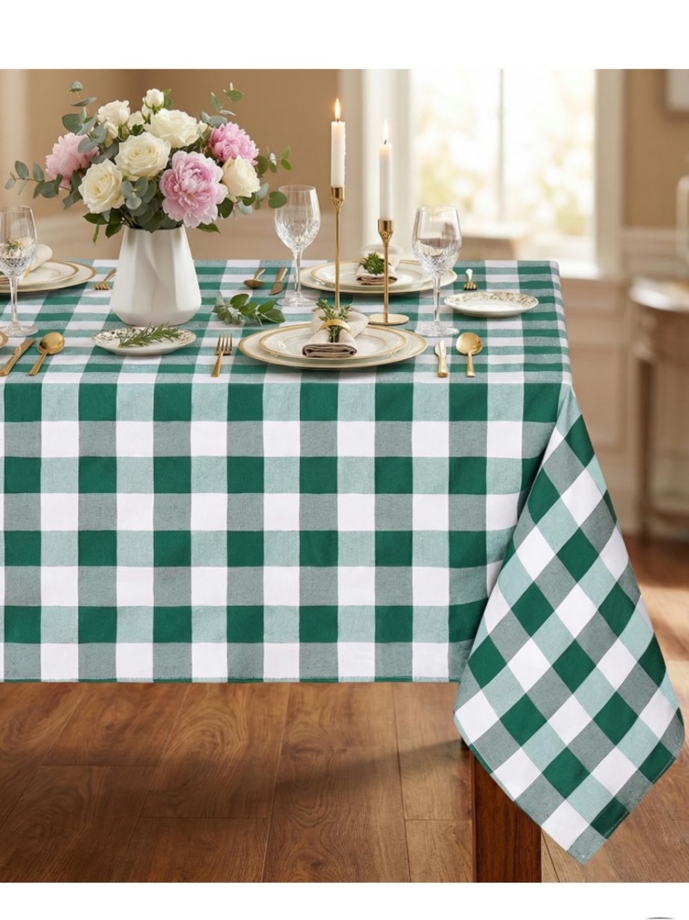 Checkered Tablecloth Washable Polyester Rectangular 60x84” GREEN & WHITE